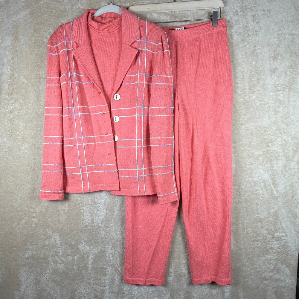 J.S.S. Womens Vintage Coral Pink Wool Blend 3 Piece Plaid Knit Pant Suit Set S